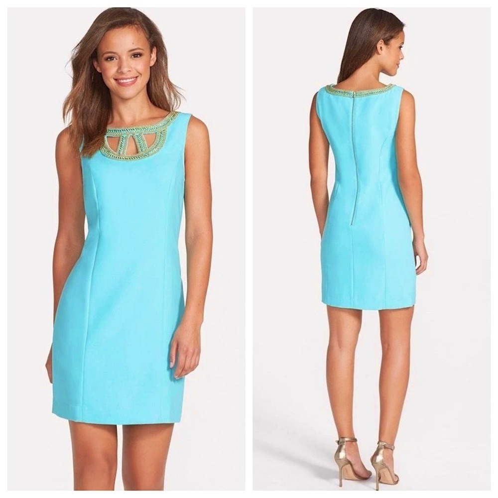 Lilly‎ Pulitzer Lane Beaded Neck Shift Dress Womens Sz 0 Turquoise Sleeveless